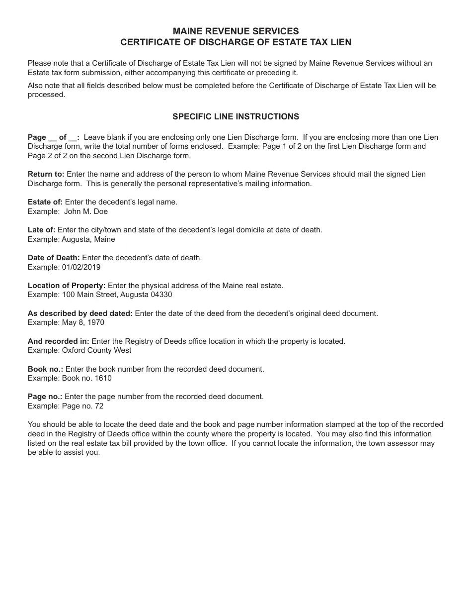 Maine Certificate of Discharge of Estate Tax Lien Download Fillable PDF