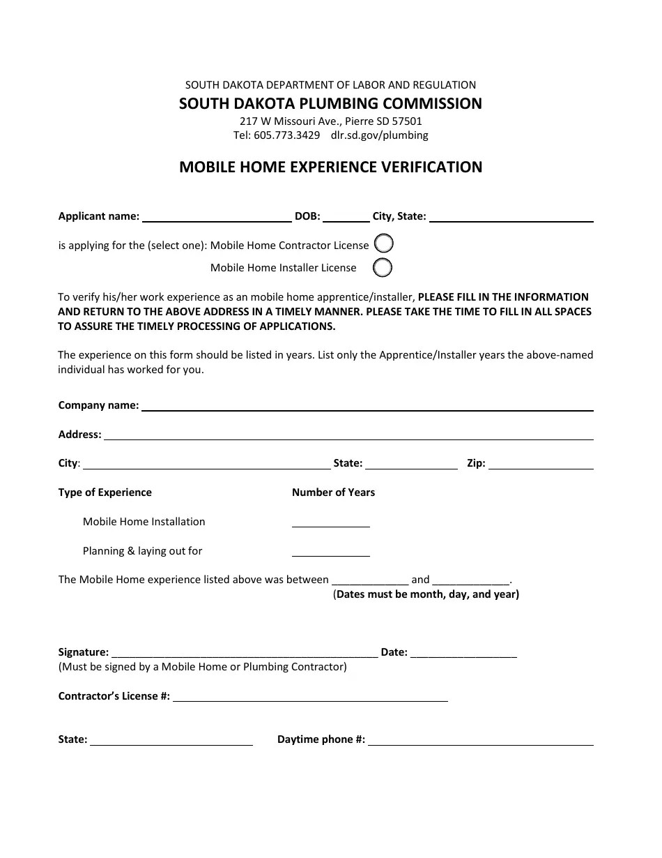South Dakota Mobile Home Experience Verification Fill Out, Sign