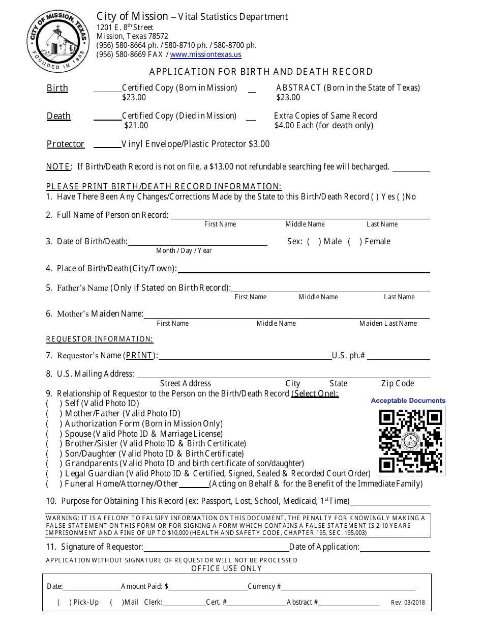 City of Mission, Texas Application for Birth and Death Record Fill Out, Sign Online and