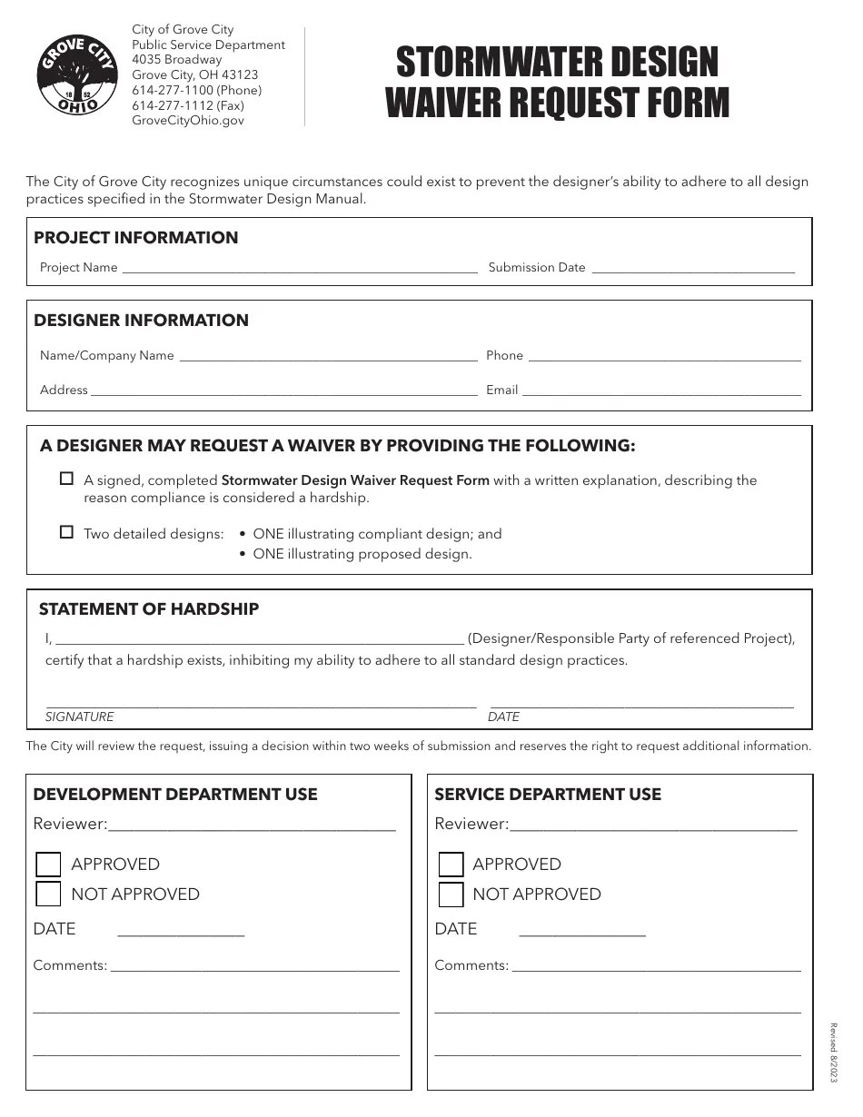Grove City, Ohio Stormwater Design Waiver Request Form Download