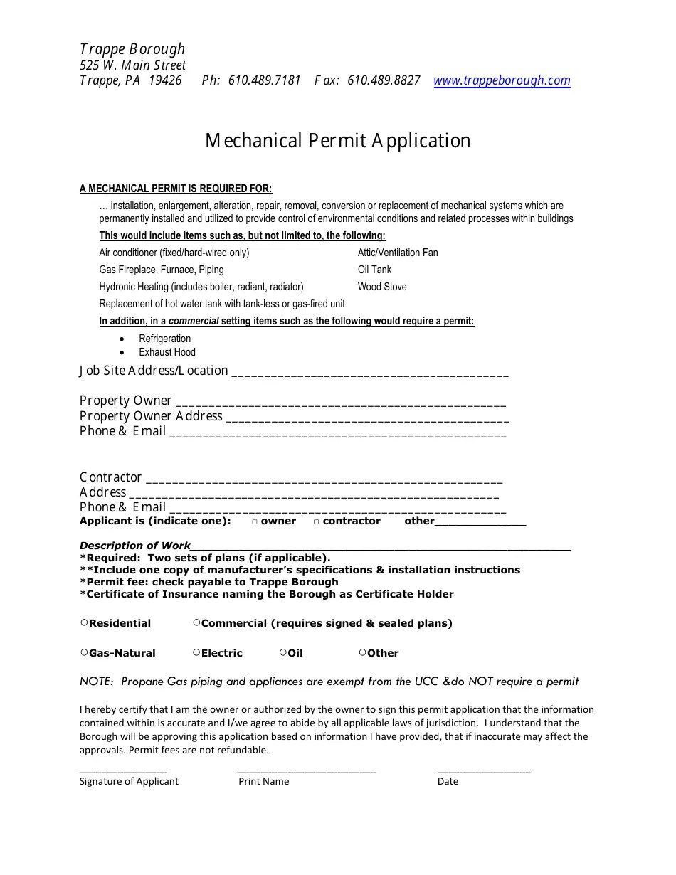 Trappe Borough, Pennsylvania Mechanical Permit Application Fill Out