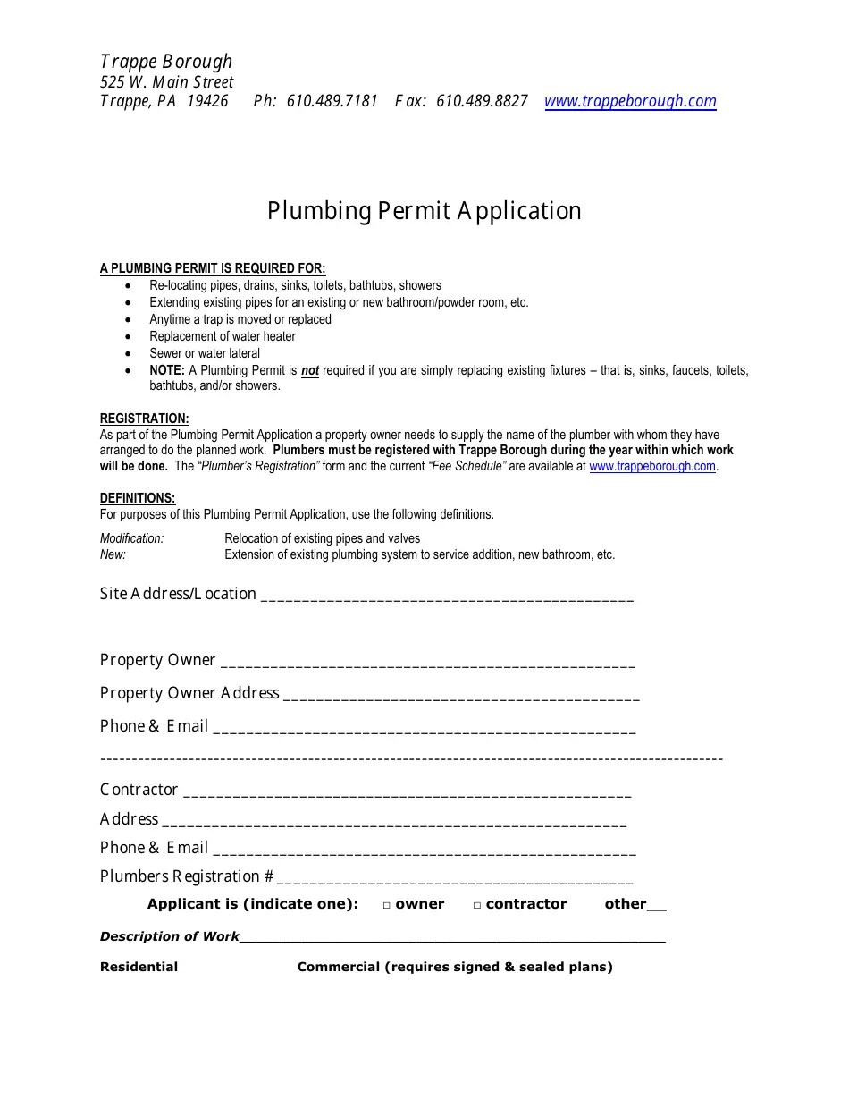 Trappe Borough, Pennsylvania Plumbing Permit Application Fill Out