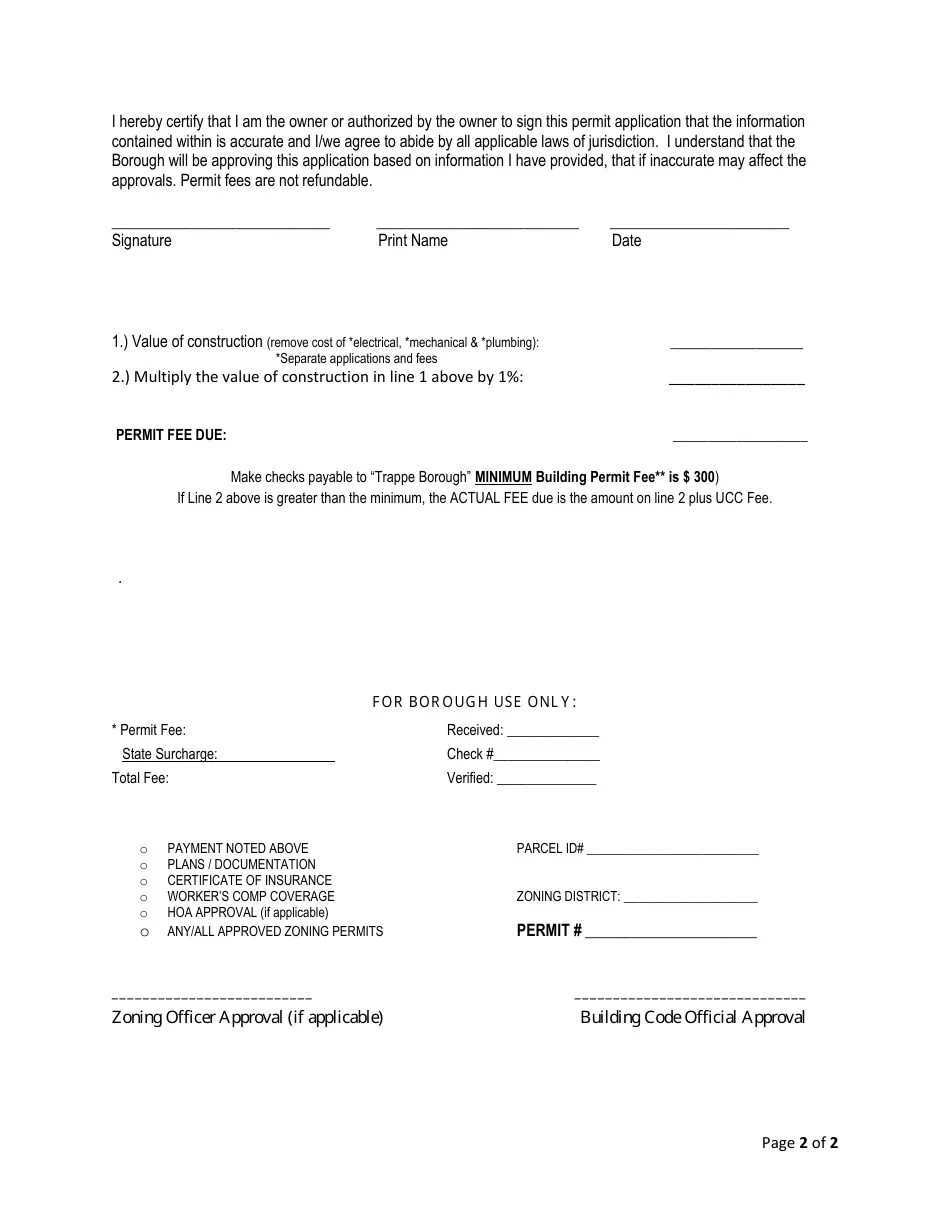 Trappe Borough, Pennsylvania Building Permit Application Fill Out