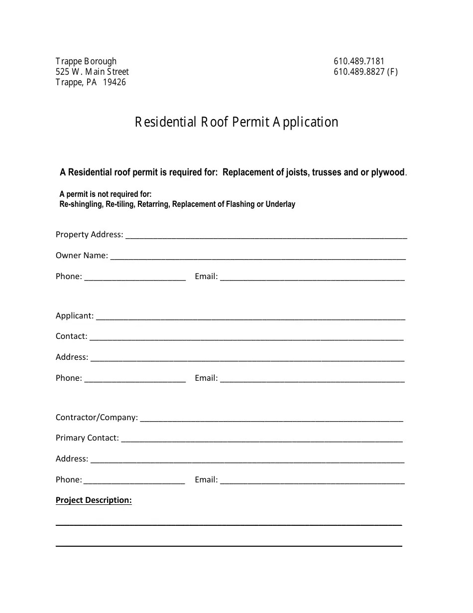 Trappe Borough, Pennsylvania Residential Roof Permit Application Fill