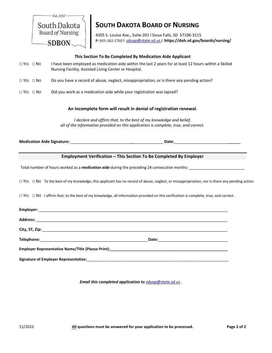 South Dakota Lapsed Medication Aide Renewal Application Fill Out