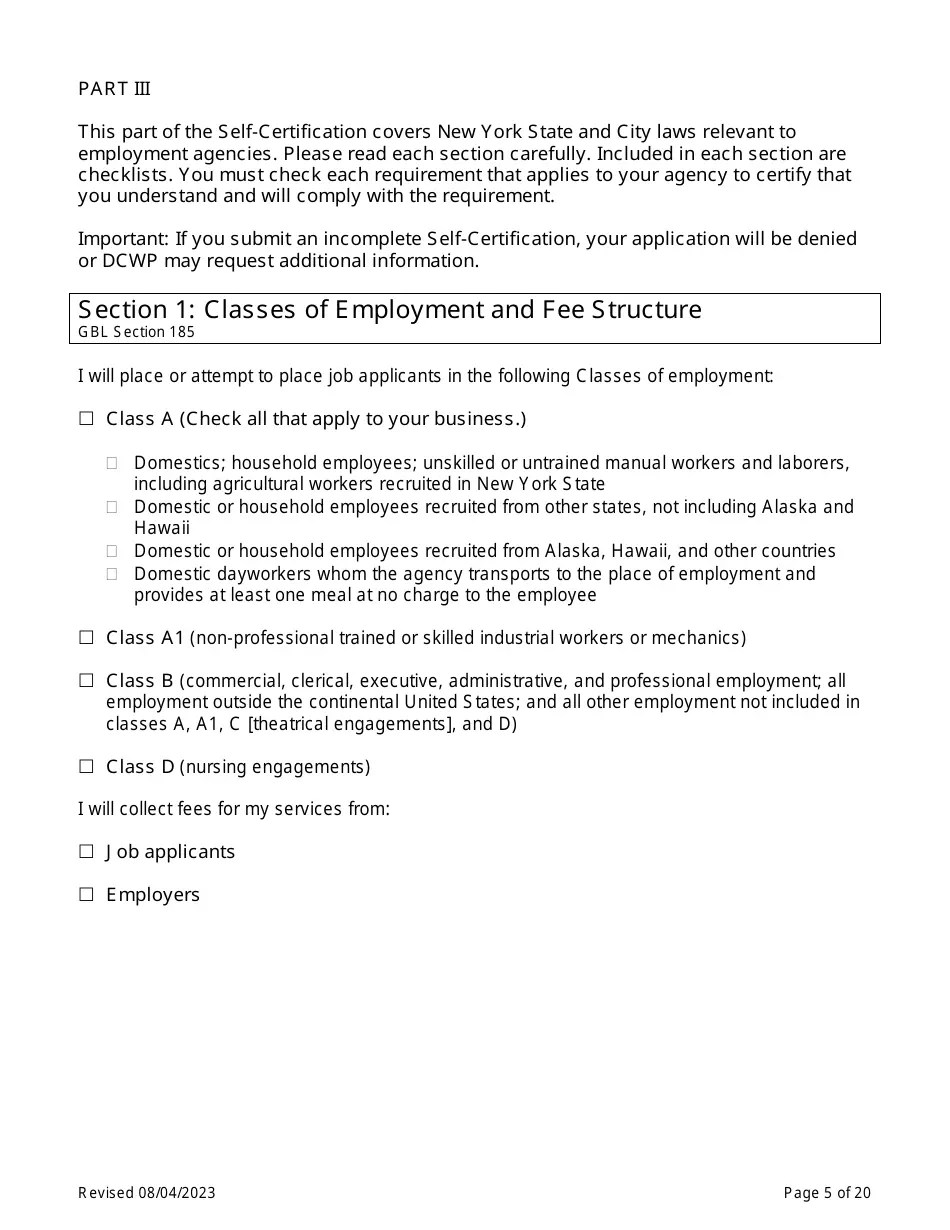 New York City Employment Agency Selfcertification Download Printable
