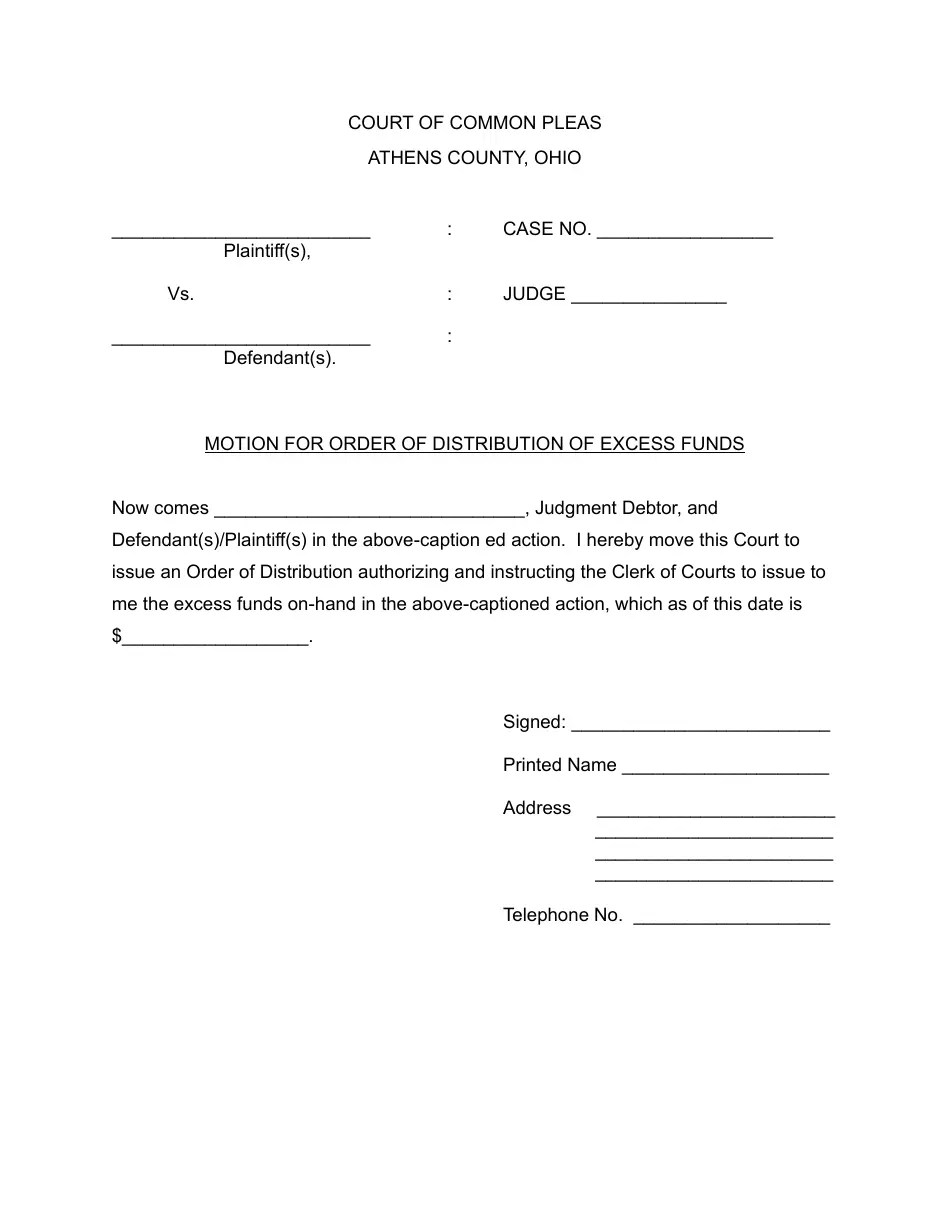 Athens County, Ohio Motion and Order for Distribution of Excess Funds