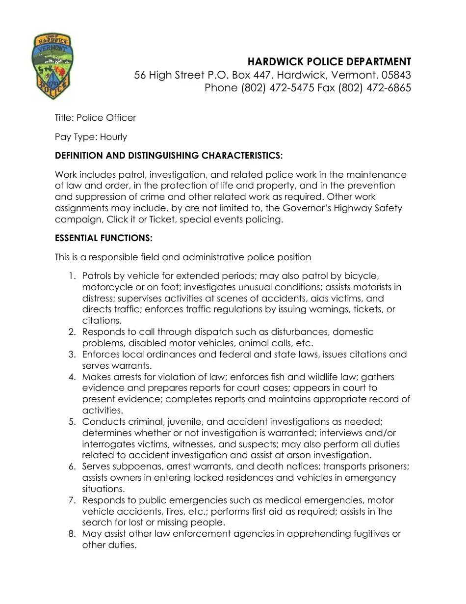Hardwick Town, Vermont Police Officer Employment Application Packet Fill Out, Sign Online and