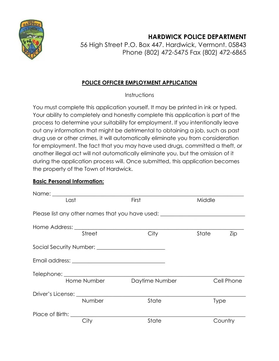 Hardwick Town, Vermont Police Officer Employment Application Packet Fill Out, Sign Online and