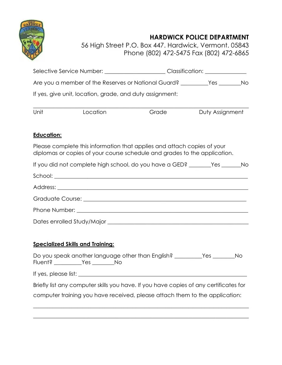 Hardwick Town, Vermont Police Officer Employment Application Packet Fill Out, Sign Online and