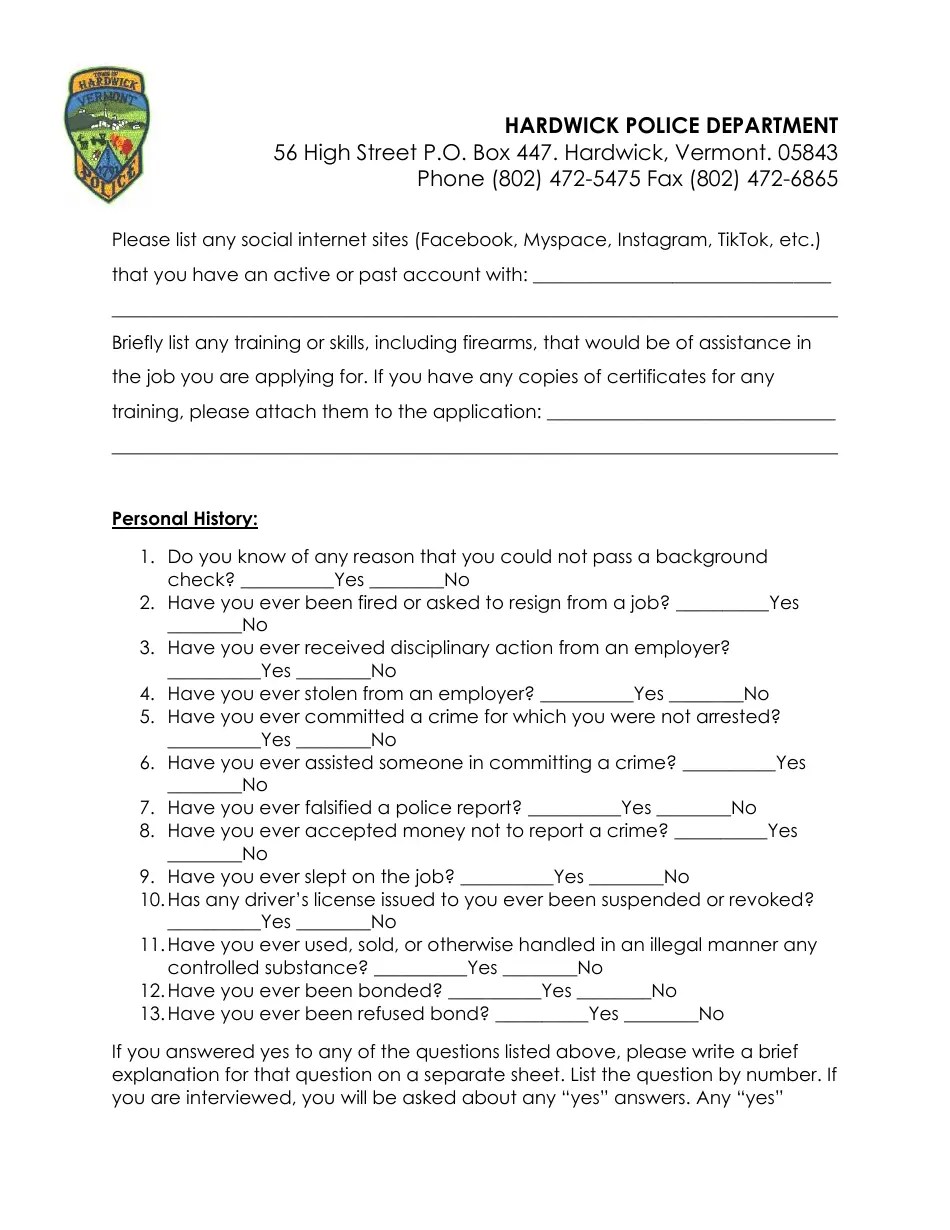 Hardwick Town, Vermont Police Officer Employment Application Packet Fill Out, Sign Online and