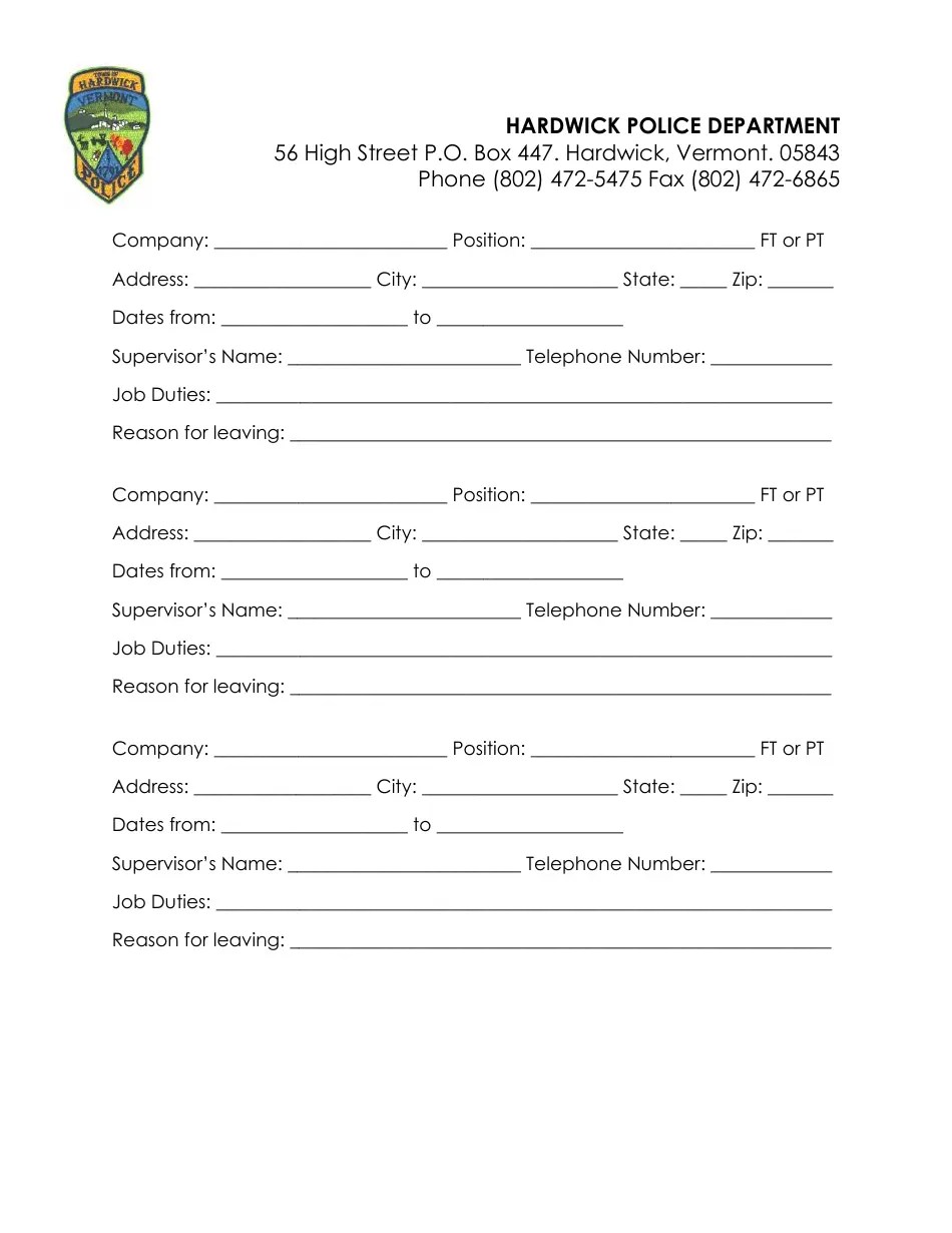 Hardwick Town, Vermont Police Officer Employment Application Packet Fill Out, Sign Online and