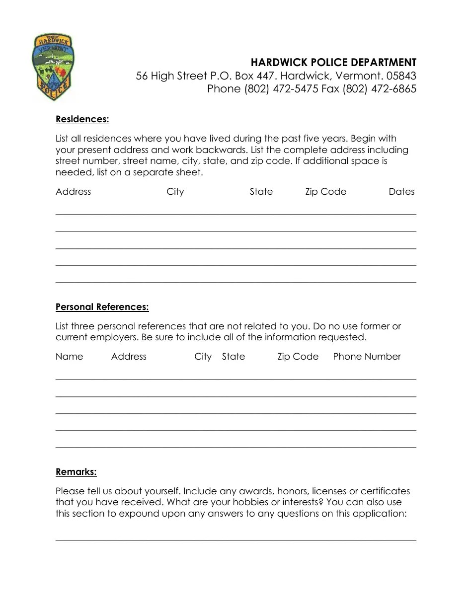 Hardwick Town, Vermont Police Officer Employment Application Packet Fill Out, Sign Online and