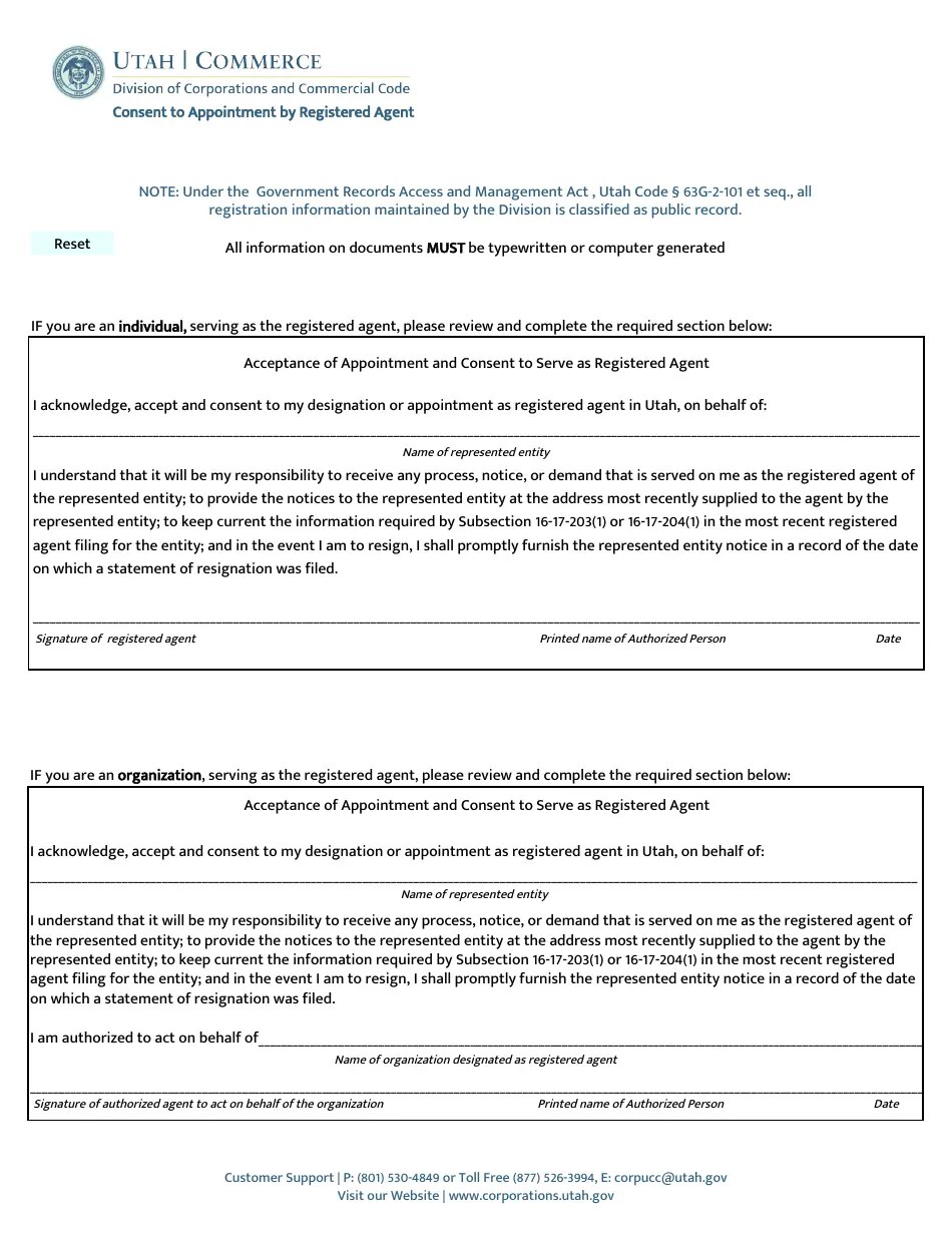 Utah Application for Reinstatement of a Domestic Benefit Corporation