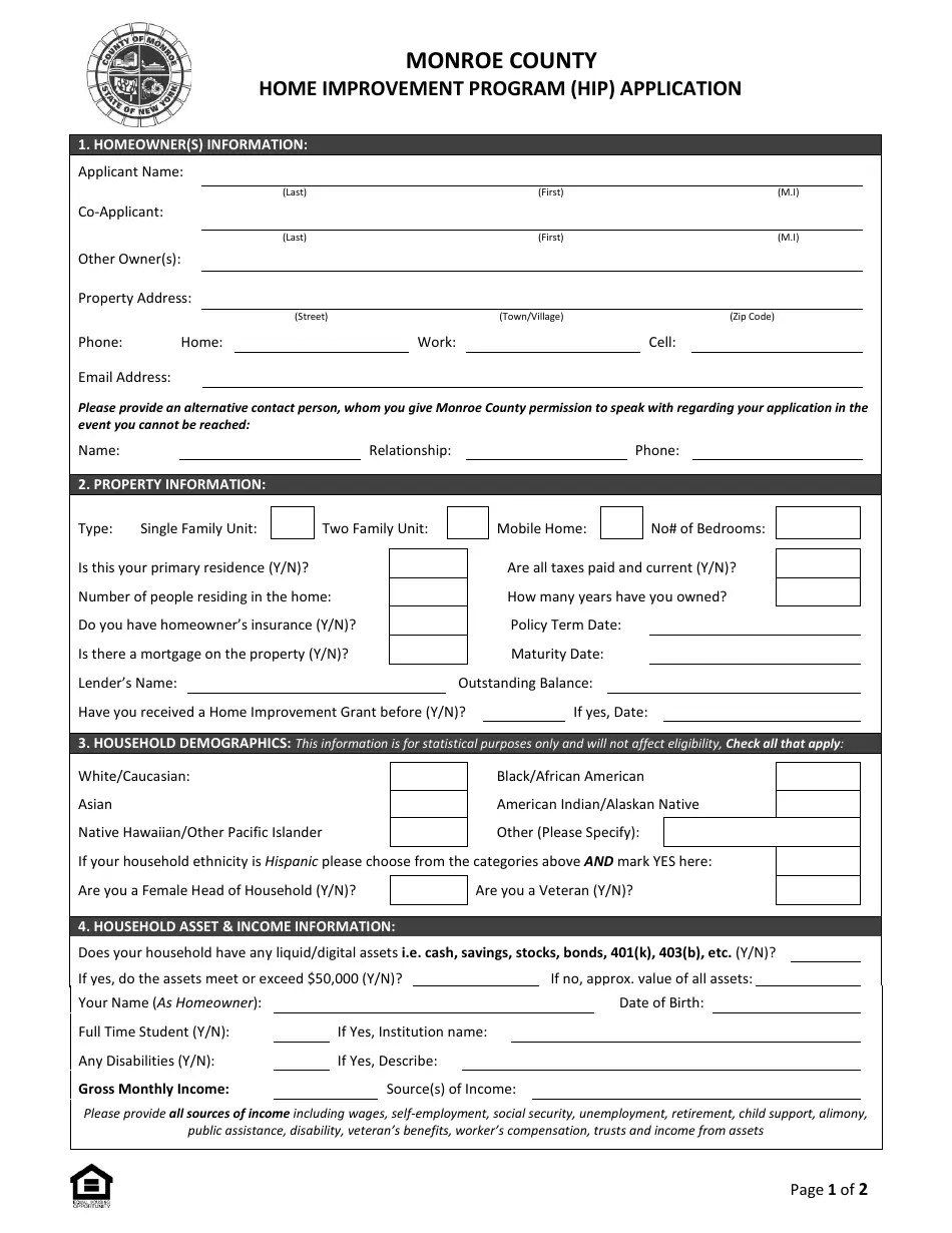 Monroe County, New York Home Improvement Program (Hip) Application