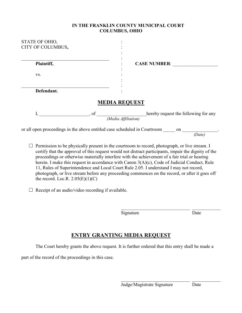 Franklin County, Ohio Media Request Fill Out, Sign Online and
