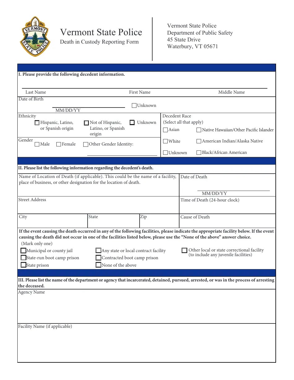 Vermont Death in Custody Reporting Form Fill Out, Sign Online and