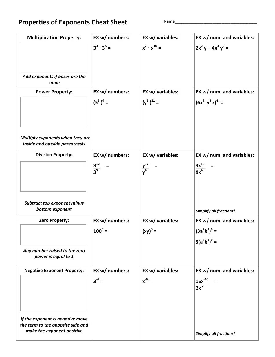Properties of Exponents Worksheet With Answer Key Download Printable