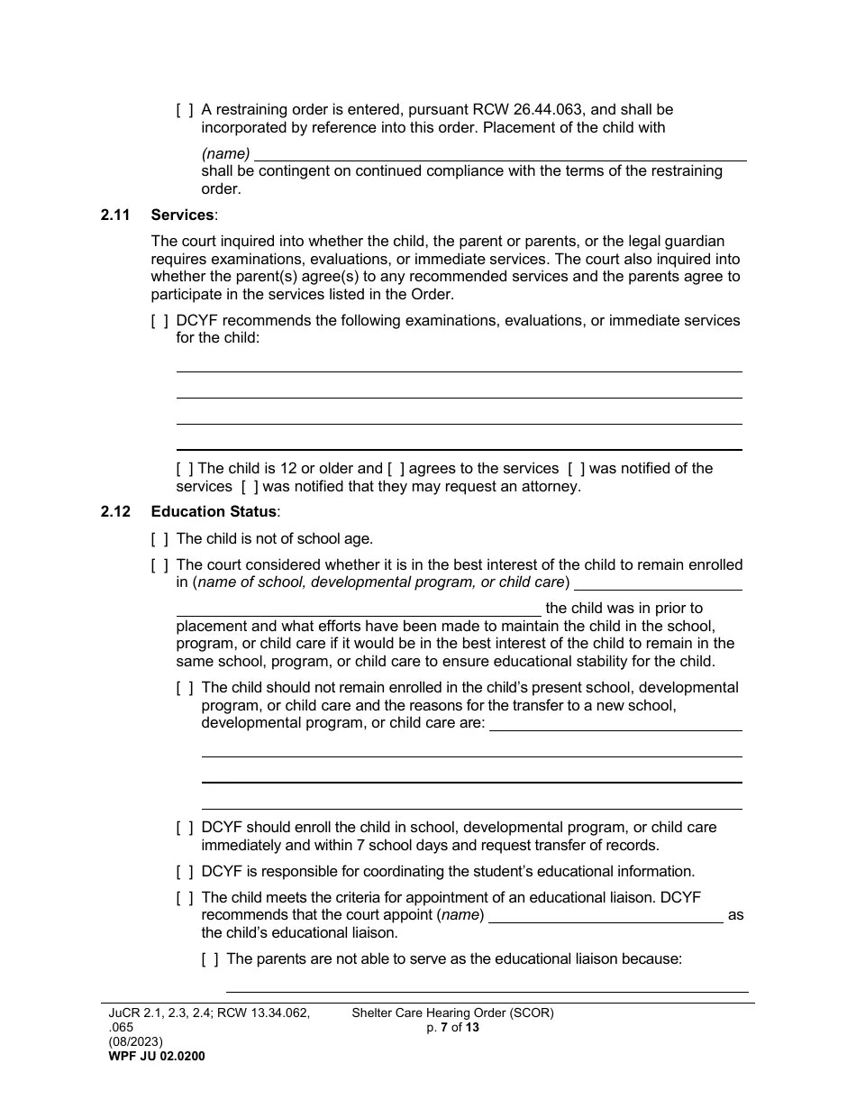 Form WPF JU02.0200 Download Printable PDF or Fill Online Shelter Care Hearing Order (Scor