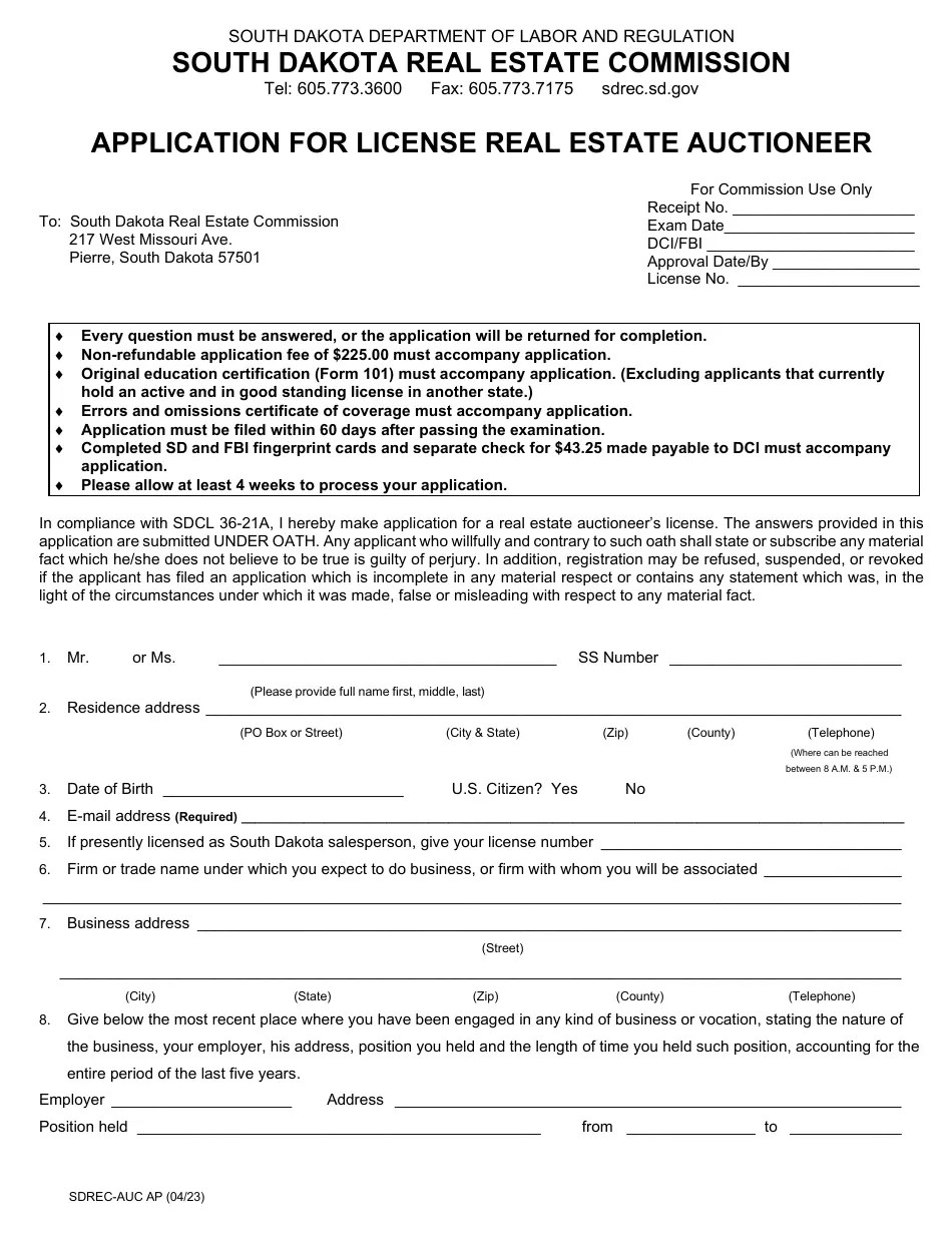 South Dakota Application for License Real Estate Auctioneer Fill Out