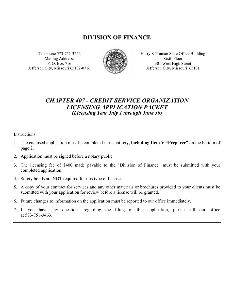 Missouri Application for Credit Service Organization Download Printable