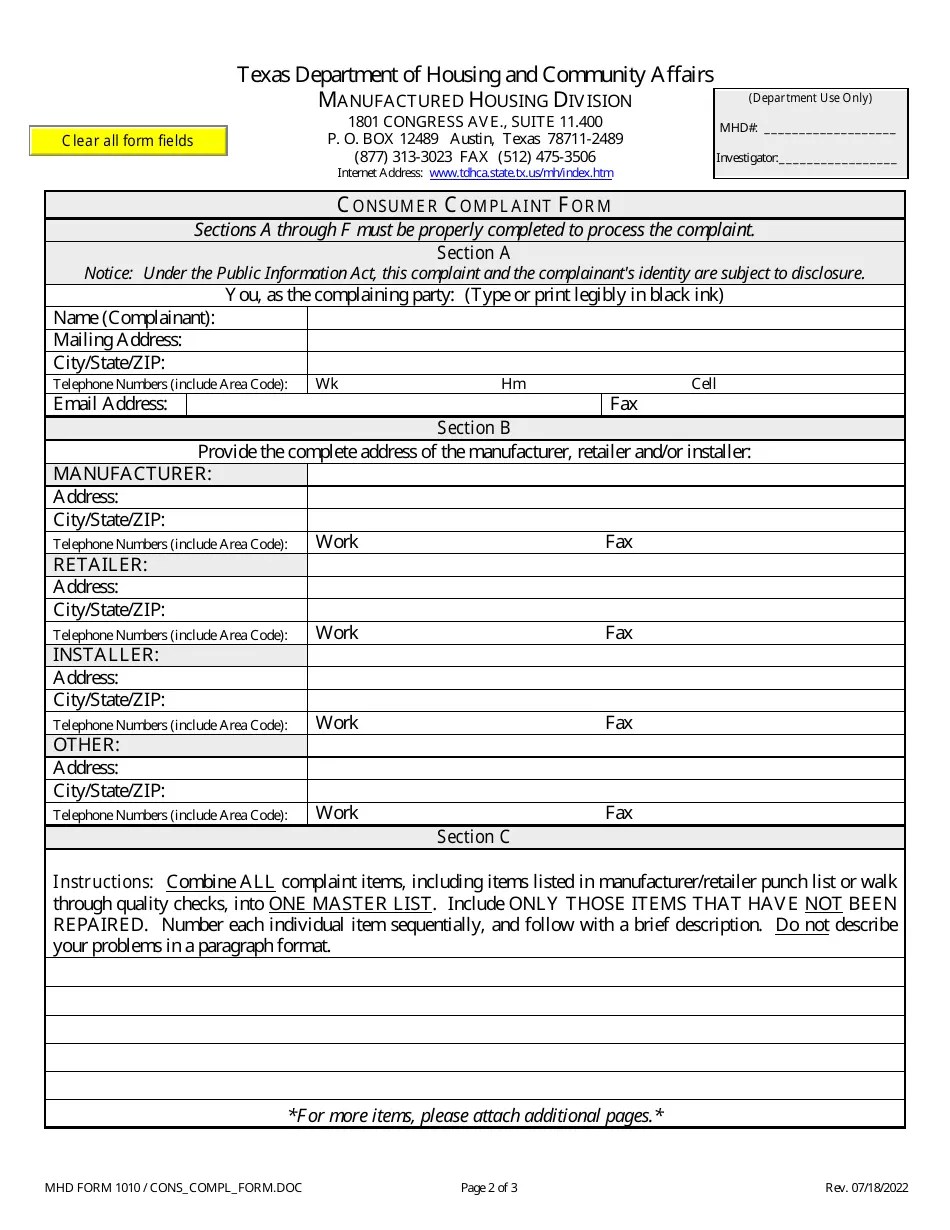 MHD Form 1010 Download Fillable PDF or Fill Online Consumer Complaint