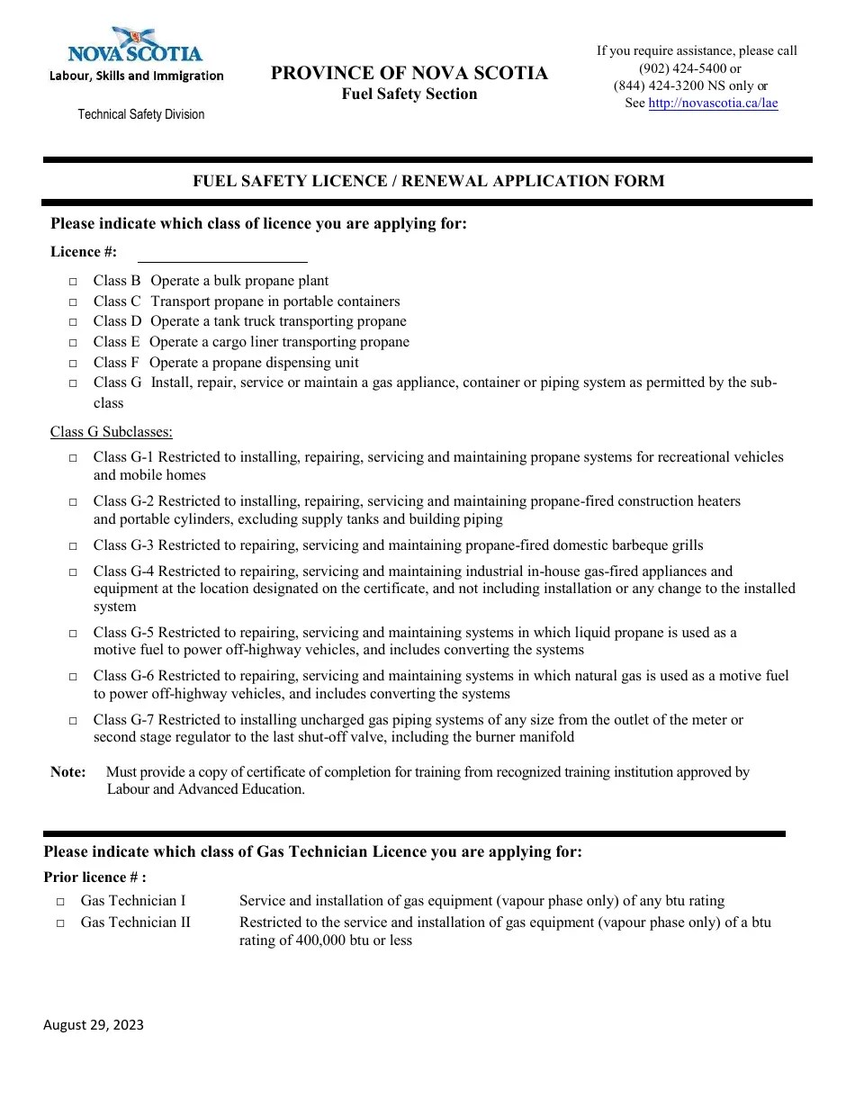 Nova Scotia Canada Fuel Safety Licence/Renewal Application Form Fill