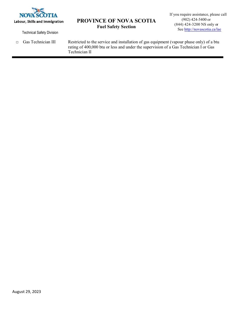 Nova Scotia Canada Fuel Safety Licence/Renewal Application Form Fill