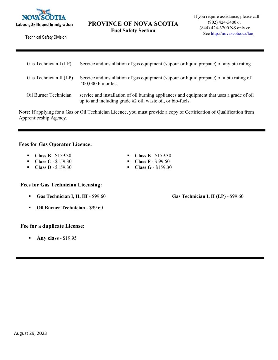 Nova Scotia Canada Fuel Safety Licence/Renewal Application Form Fill