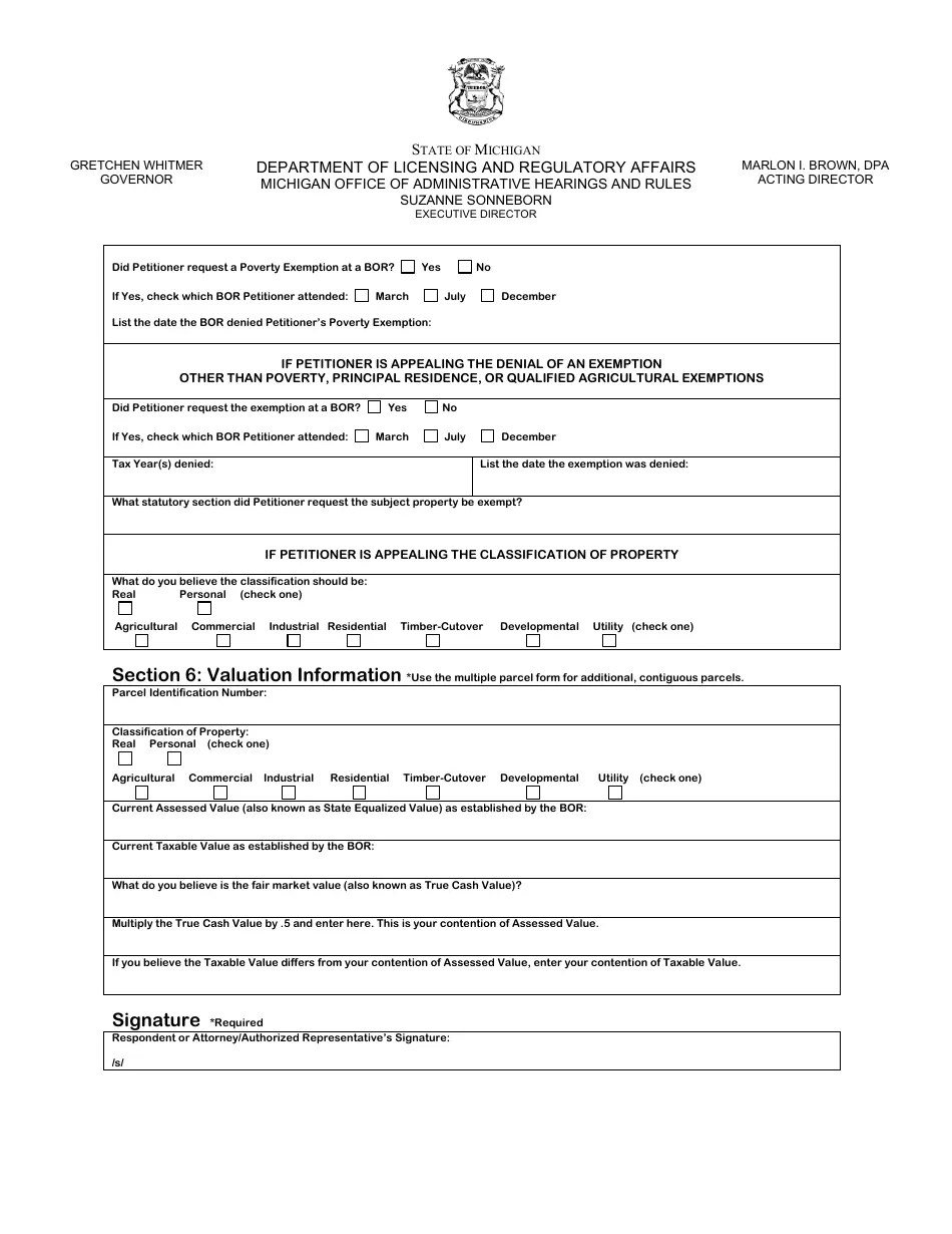 Michigan Property Tax Appeal Answer Form Valuation/Exemption