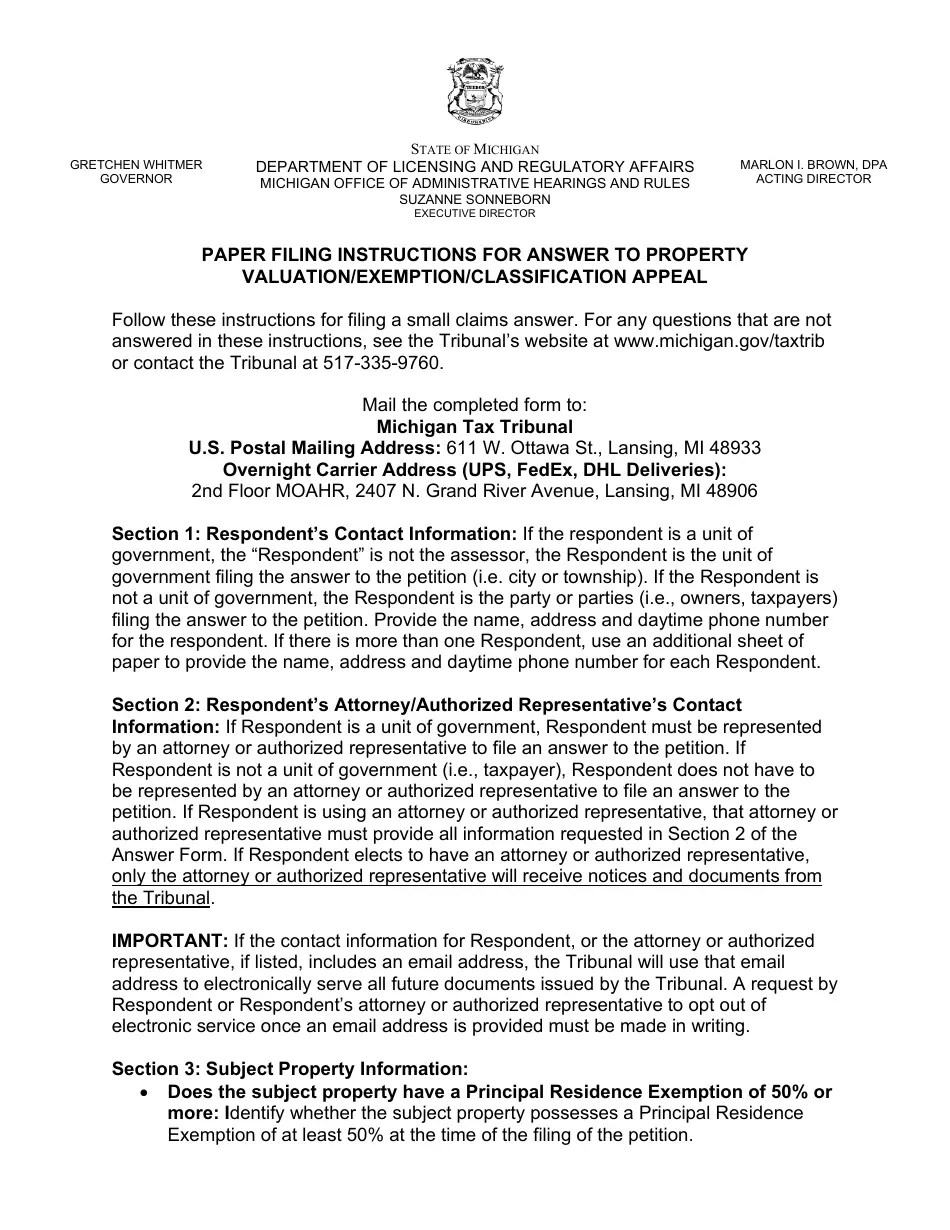Michigan Property Tax Appeal Answer Form Valuation/Exemption