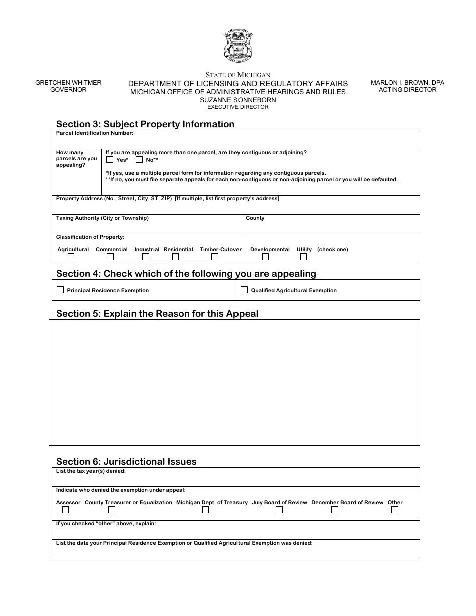 Michigan Property Tax Appeal Petition Form Principal Residence
