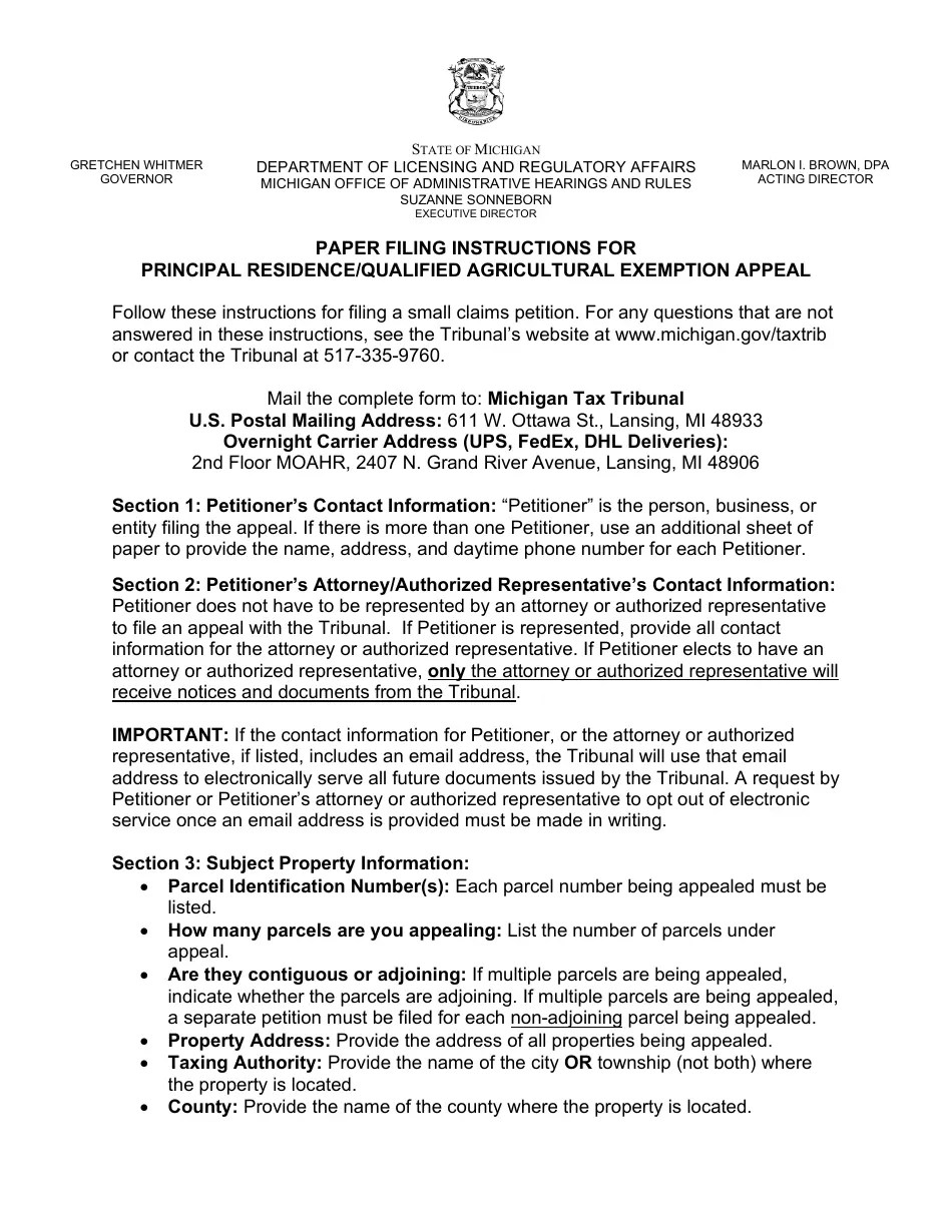 Michigan Property Tax Appeal Petition Form Principal Residence Exemption/Qualified
