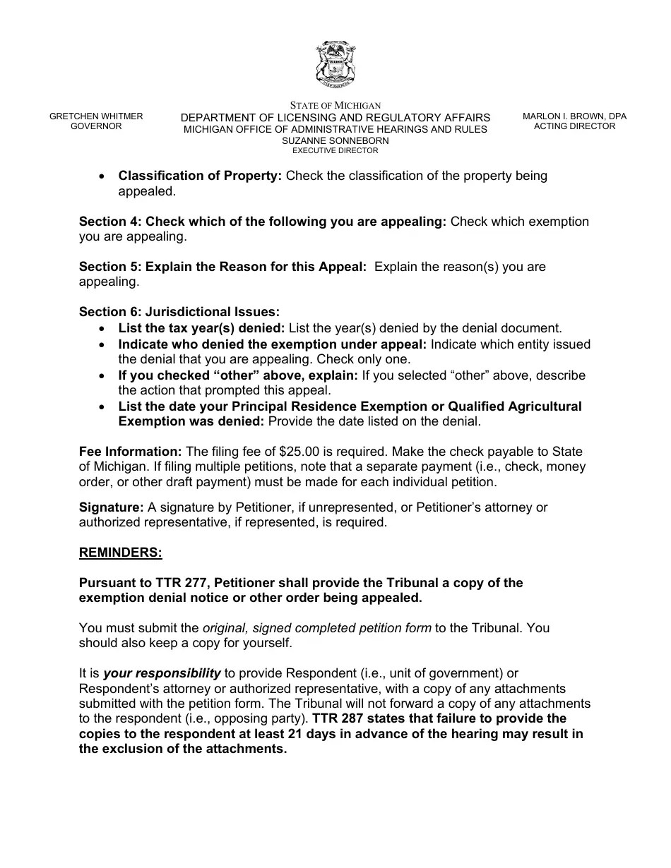 Michigan Property Tax Appeal Petition Form Principal Residence