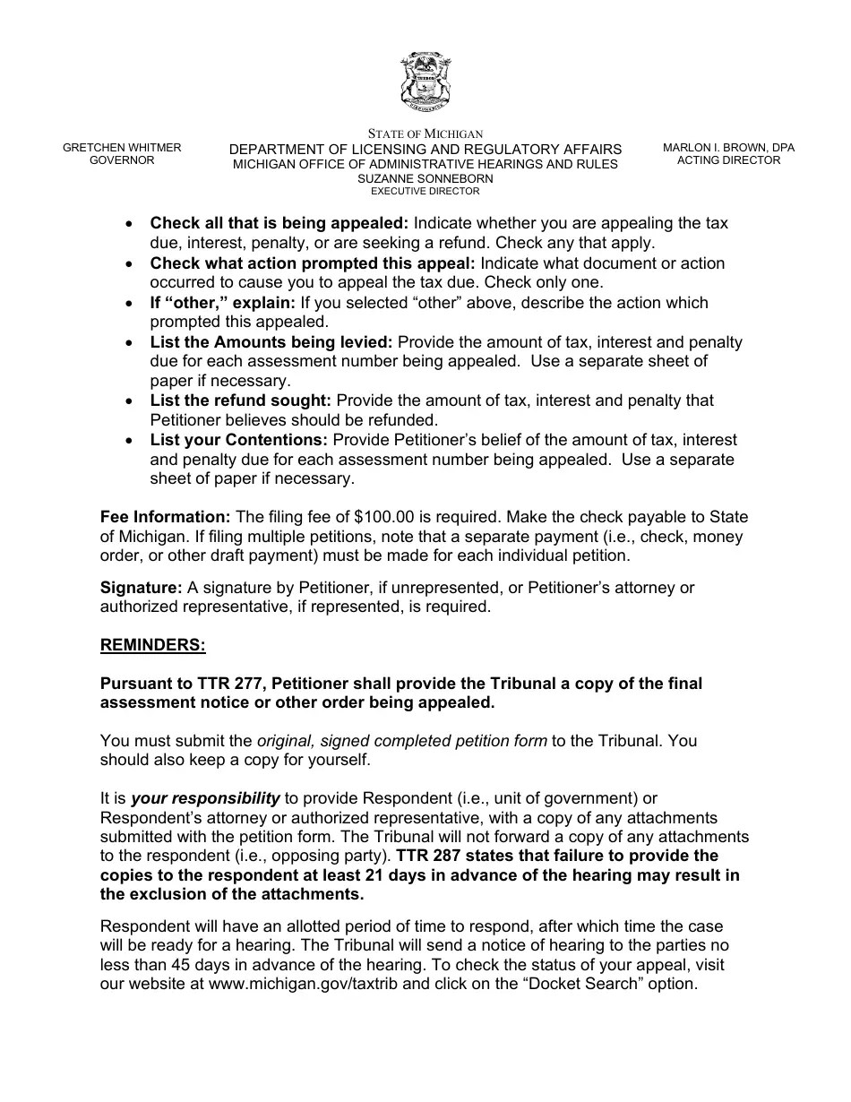 Michigan Tax Appeal Petition Form Nonproperty Tax Fill Out, Sign