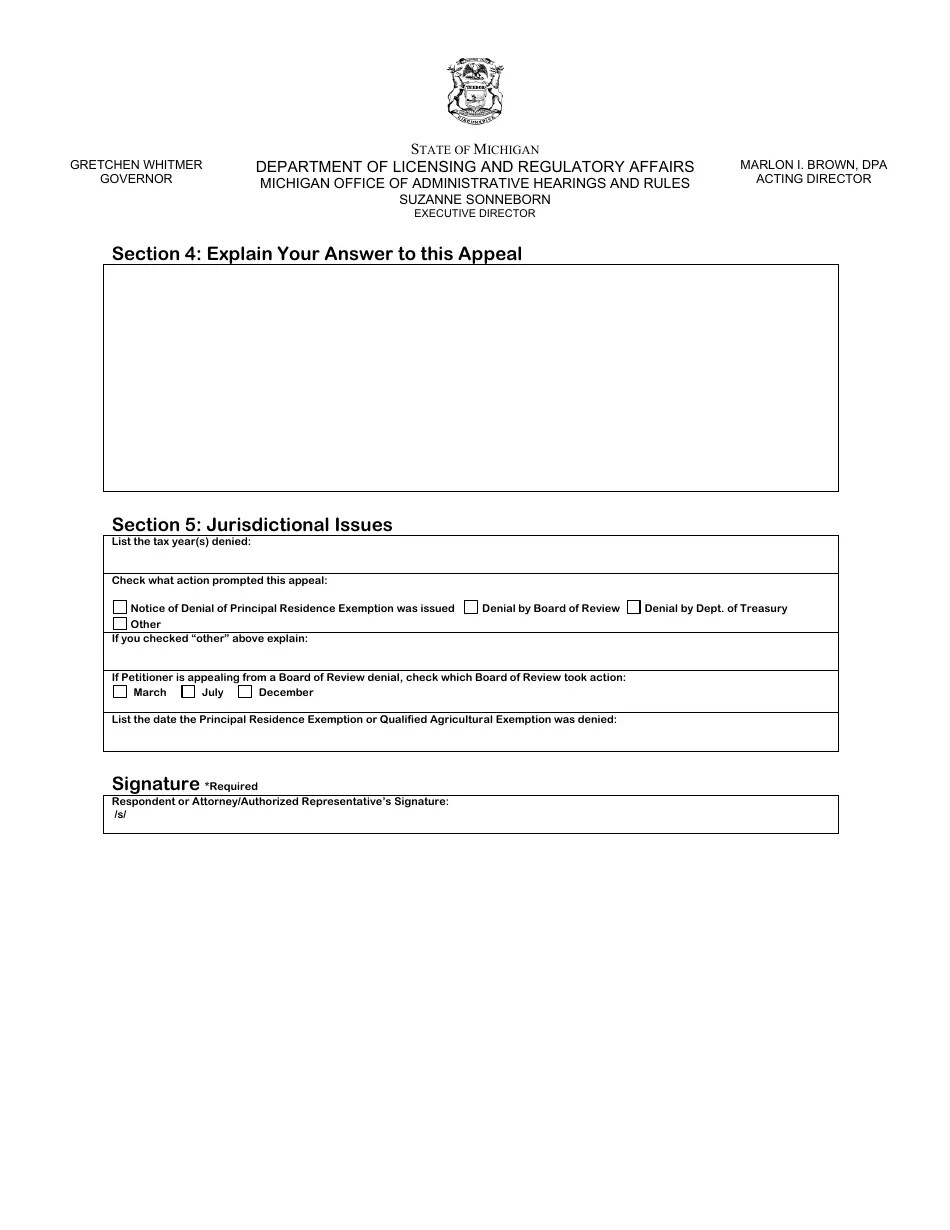 Michigan Property Tax Appeal Answer Form Principal Residence Exemption/Qualified Agricultural