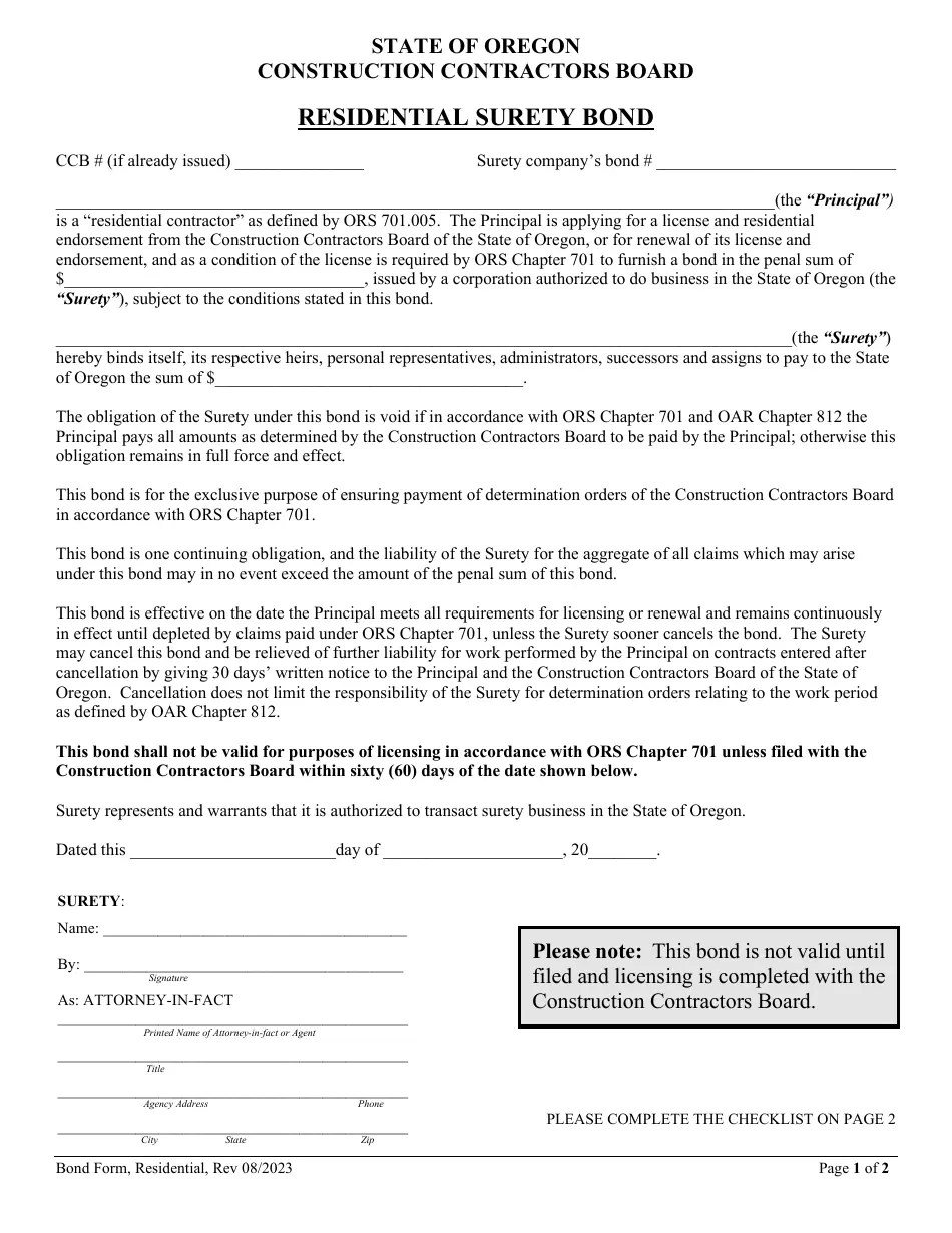 Oregon Residential Surety Bond Download Fillable PDF 2015 — 2024 Templateroller