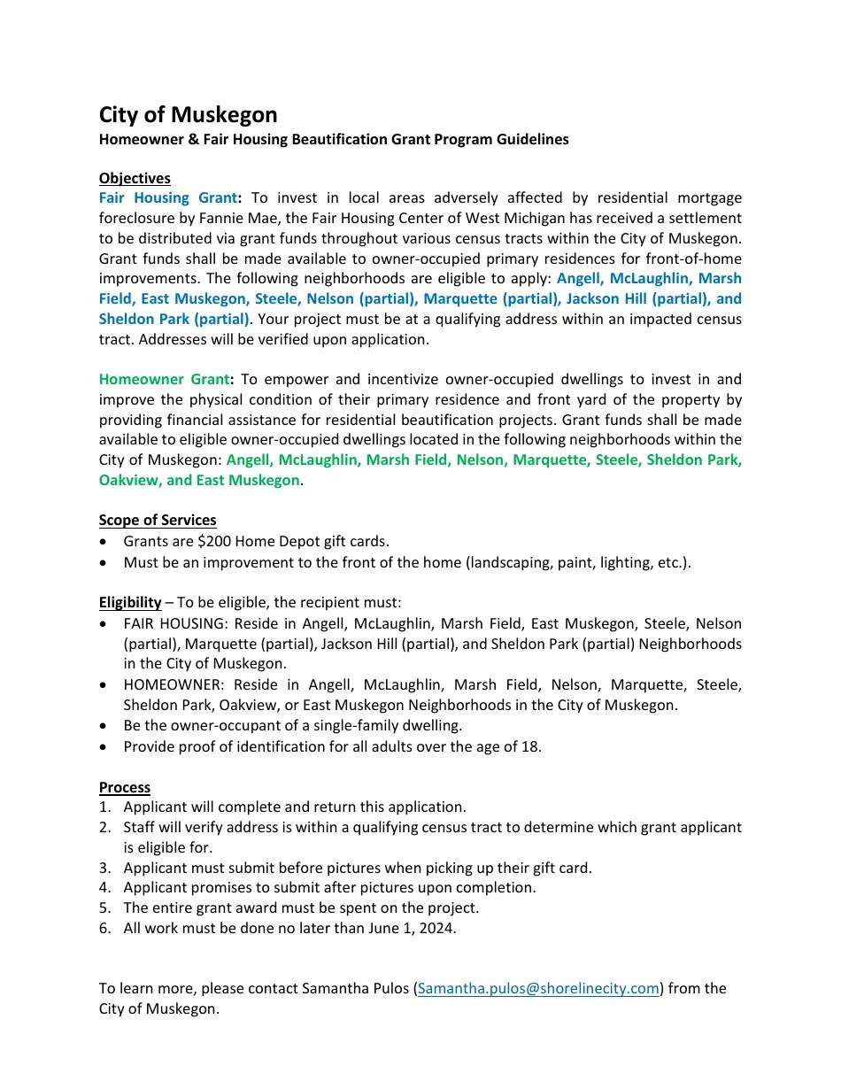2023 City of Muskegon, Michigan Fair Housing & Homeowner Beautification Grant Programs
