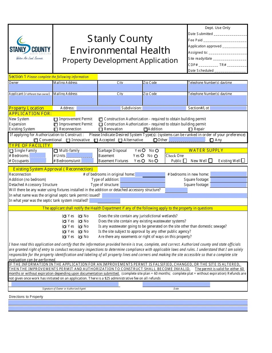 Stanly County, North Carolina Property Development Application Fill