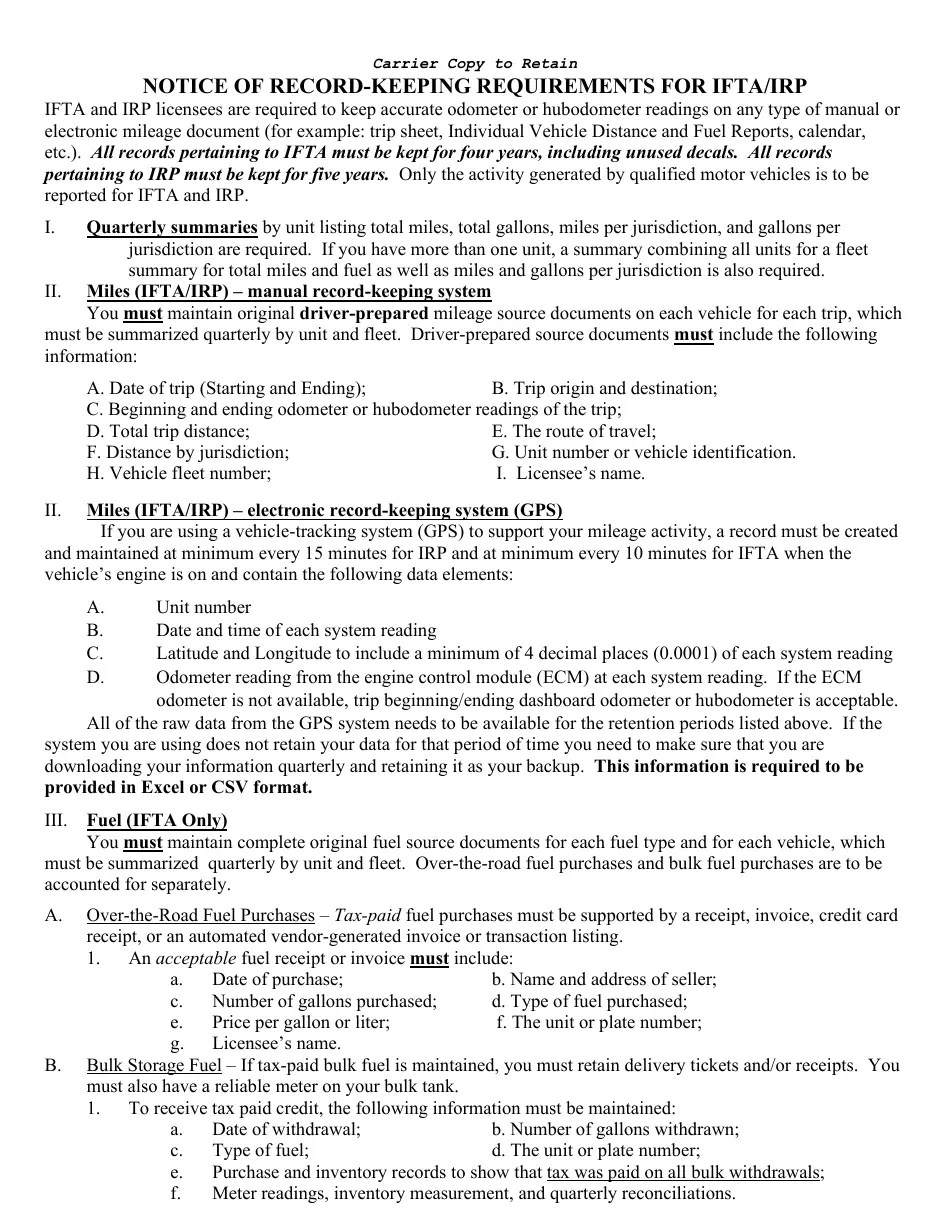 Nebraska Notice of RecordKeeping Requirements for Ifta/Irp Fill Out