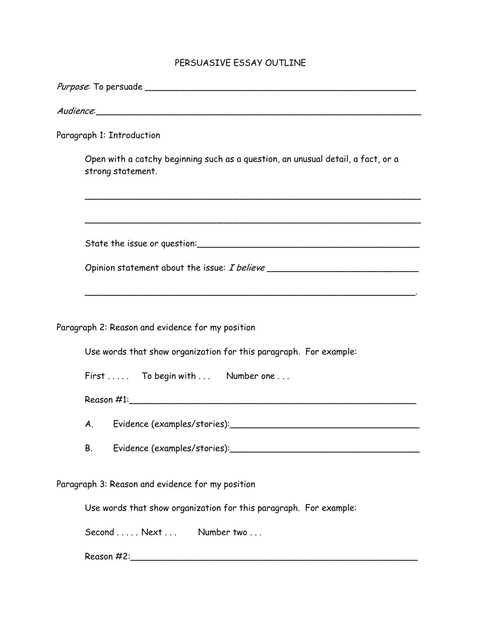 Persuasive Essay Outline Five Paragraphs Download Printable PDF