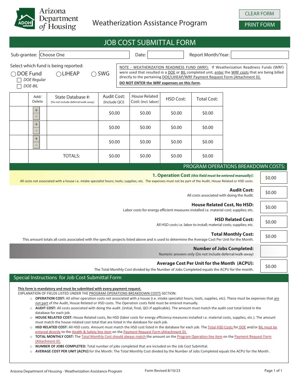 Arizona Job Cost Submittal Form Weatherization Assistance Program