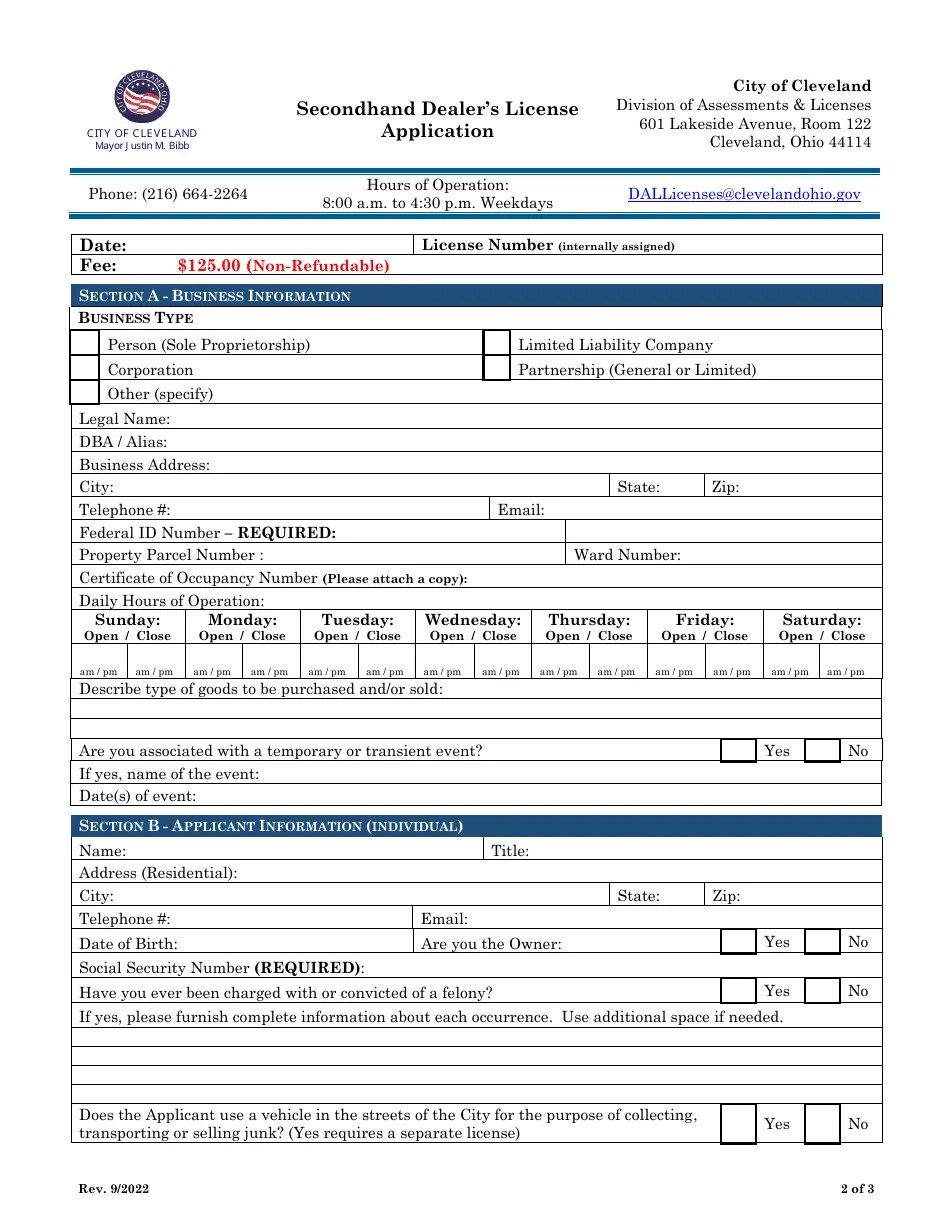 City of Cleveland, Ohio Secondhand Dealer's License Application Fill