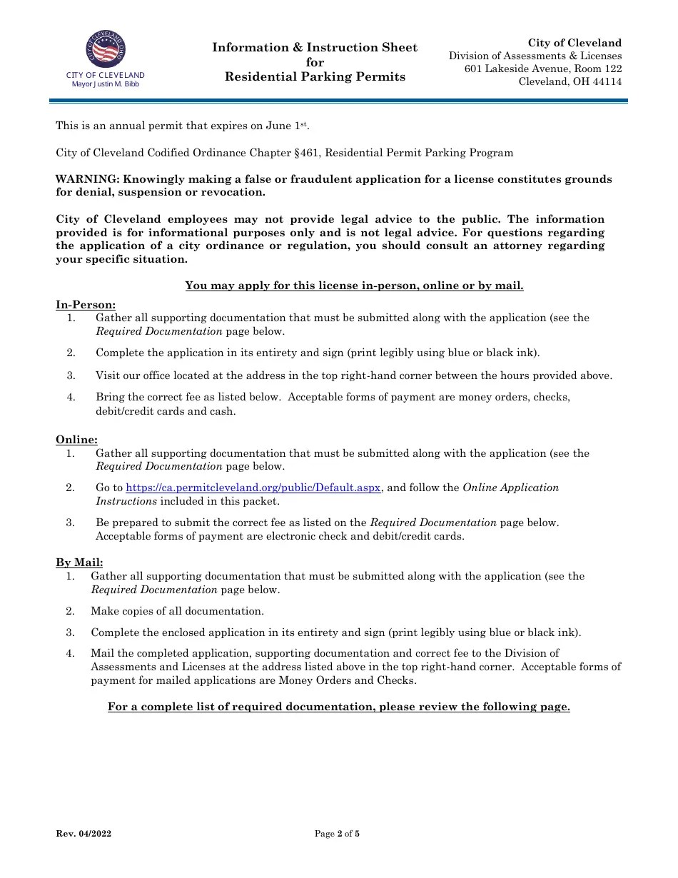 City of Cleveland, Ohio Application for Residential Parking Permits