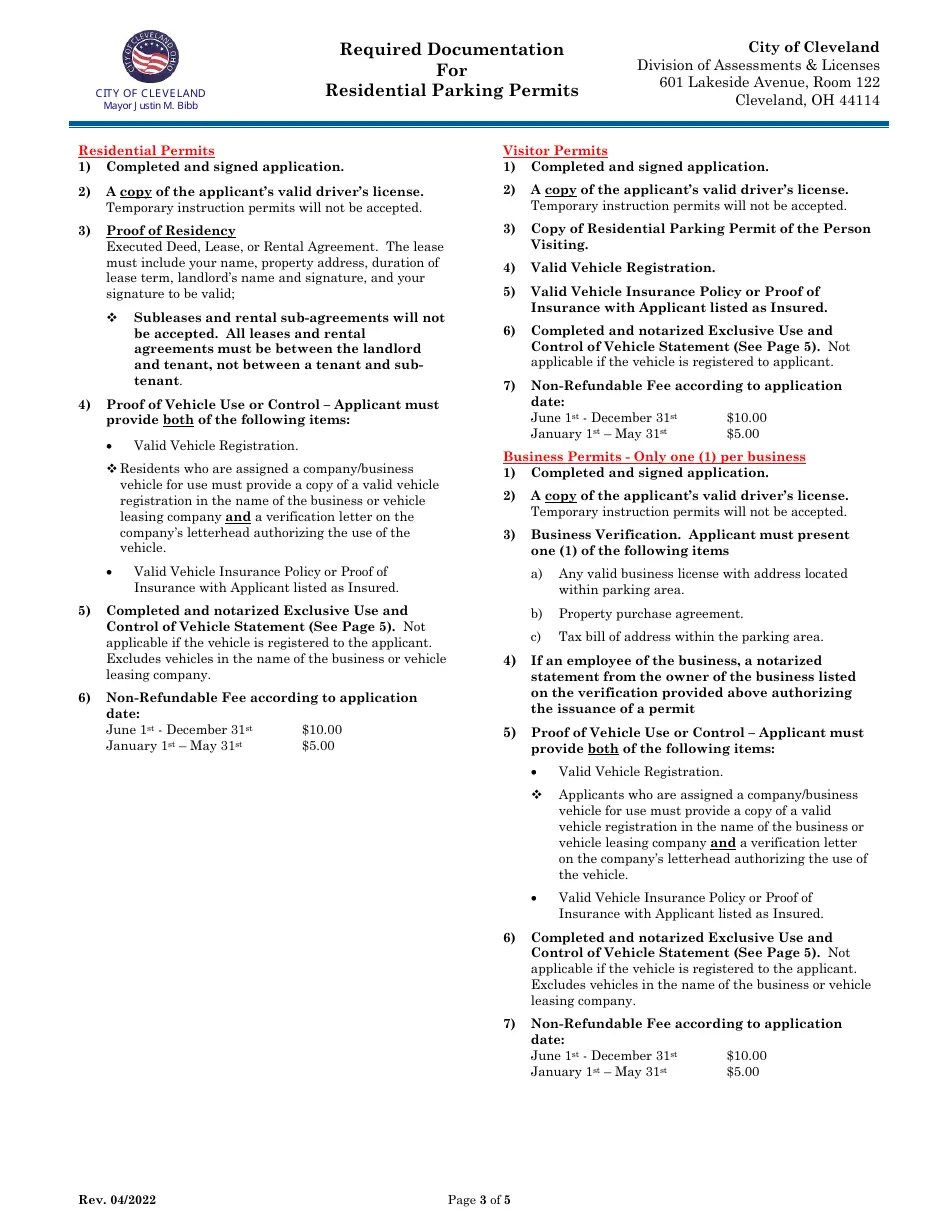 City of Cleveland, Ohio Application for Residential Parking Permits
