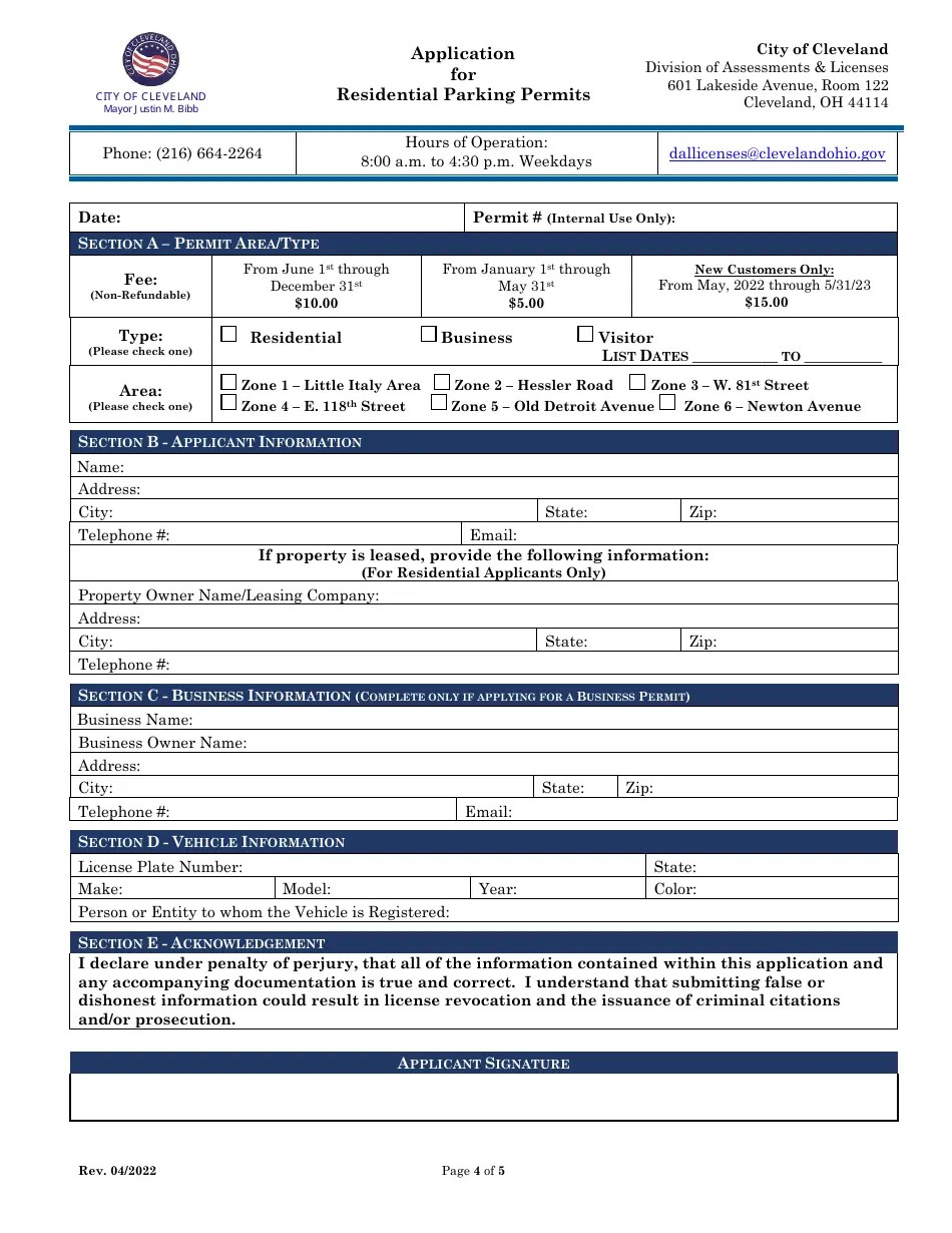 City of Cleveland, Ohio Application for Residential Parking Permits