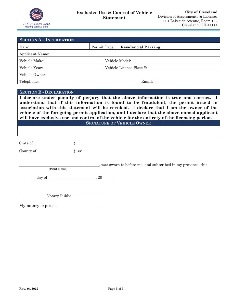 City of Cleveland, Ohio Application for Residential Parking Permits