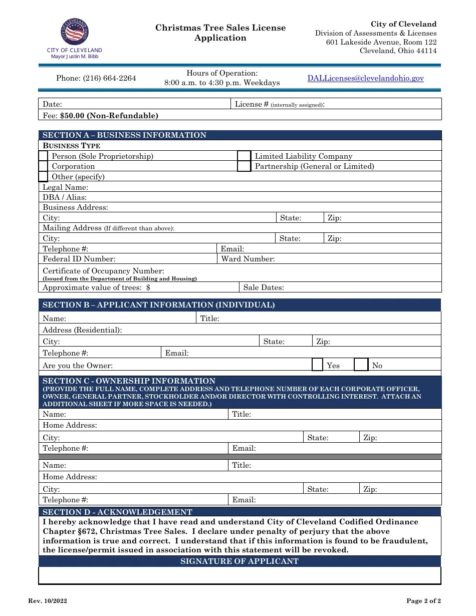 City of Cleveland, Ohio Christmas Tree Sales License Application Fill