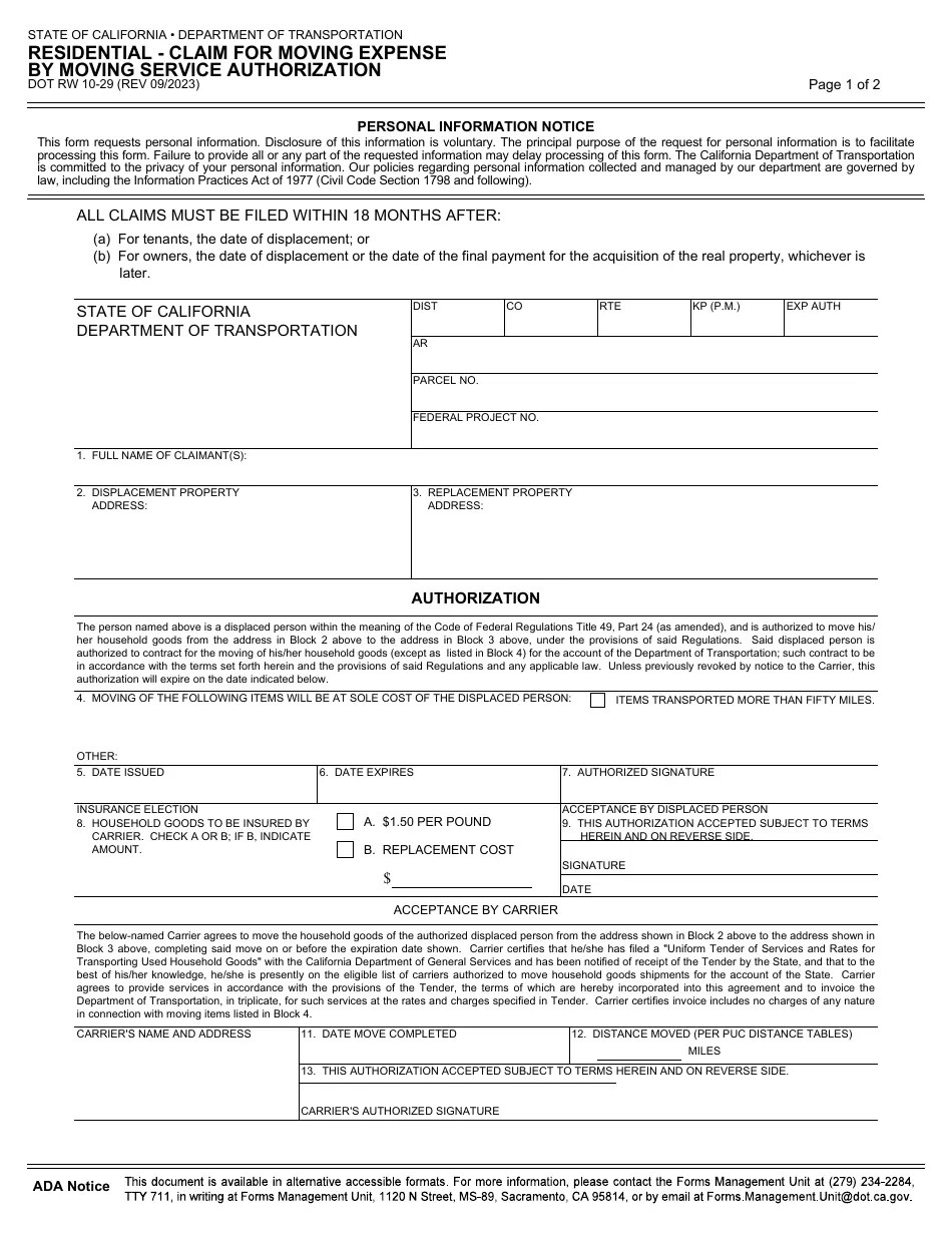 Form RW1029 Download Fillable PDF or Fill Online Residential Claim
