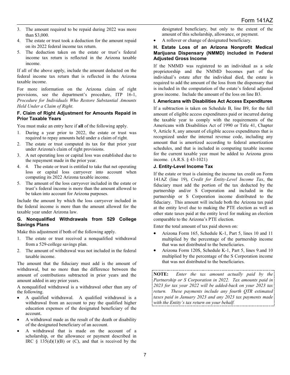 Download Instructions for Arizona Form 141AZ Arizona Fiduciary